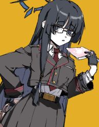  1girl bag bags_under_eyes belt belt_buckle black_belt black_jacket blue_archive blue_halo book brown_bag buckle buttons collared_shirt commentary cowboy_shot cropped_jacket dress_shirt dutch_angle eunga21171 from_side gold_buckle halo hand_on_own_hip hand_up highres holding holding_bag holding_book jacket lapels long_single_sidelock long_sleeves looking_at_viewer necktie notched_lapels orange_background parted_lips partially_unbuttoned pleated_skirt red_necktie shirt shouko_(blue_archive) simple_background single_sidelock skirt sleeve_cuffs solo standing unbuttoned unbuttoned_shirt untranslatable_commentary white_shirt 