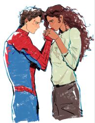  1boy 1girl animal_print bodysuit brown_eyes brown_hair cowboy_shot curly_hair eye_contact facing_another hand_grab hetero highres holding_hands kiss kissing_hand long_hair long_sleeves looking_at_another marvel michelle_"mj"_jones multicolored_bodysuit pants peter_parker print_bodysuit red_bodysuit scar scar_on_face short_hair spider-man spider-man:_brand_new_day spider-man_(series) spider_print spider_web_print superhero_costume two-tone_bodysuit very_short_hair white_background yancantdraw 