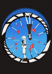  1boy 1girl amamiya_hibiya animal asahina_hiyori black_border black_cat black_dress blue_background border cat commentary dress full_body holding holding_animal holding_cat jacket kagerou_days_(vocaloid) kagerou_project looking_at_viewer mitsubachi_(roundbee) red_eyes road_sign round_border short_sleeves shorts sign smile song_name standing stop_sign upside-down white_jacket white_shorts 