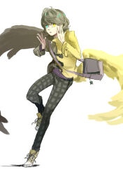  1boy absurdres angel_wings bag belt black_belt black_pants blue_eyes coat commentary_request dud_cao gamon_yuuta glowing glowing_eyes green_hair hands_up heterochromia highres looking_at_viewer male_focus multicolored_coat multicolored_wings occultic;nine open_mouth pants pink_bag plaid_clothes plaid_pants purple_shirt science_adventure shirt shoes simple_background sneakers solo standing white_background wings yellow_eyes yellow_shoes zipper zonko_(occultic;nine) 