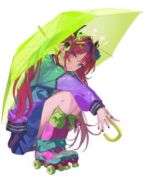  1girl :d absurdres black_horns bloom_(irys) blue_eyes blue_jacket blue_sky double_halo eyewear_on_head from_side full_body green_umbrella grin hair_ornament hairclip halo heterochromia highres holding holding_umbrella hololive hololive_english horns irys_(hololive) jacket leg_warmers long_hair long_sleeves looking_at_viewer miniskirt pako_(pakosun) pointy_ears purple-tinted_eyewear purple_hair purple_sleeves roller_skates simple_background skates skirt sky smile solo squatting star-shaped_pupils star_(symbol) star_halo sunglasses symbol-shaped_pupils tinted_eyewear transparent transparent_umbrella twintails umbrella very_long_hair violet_eyes virtual_youtuber white_background 