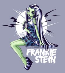  1girl 2018 artist_name black_hair black_necktie black_shoes character_name colored_skin commentary dress fishnet_sleeves fishnets frankie_stein green_eyes green_skin grey_background heterochromia long_hair looking_at_viewer monster_high monster_high_(g1) multicolored_hair necktie plaid_clothes plaid_dress poliip polka_dot_necktie shoes short_sleeves sleeveless sleeveless_dress solo stitched_leg stitched_neck stitches striped_hair striped_shoes two-tone_hair two-tone_necktie white_hair white_necktie white_shoes 