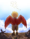  1boy athenoot bird blonde_hair boku_no_hero_academia broken_bottle child clouds commentary day english_commentary feathered_wings flock from_behind hawks_(boku_no_hero_academia) male_child male_focus outdoors red_wings shirt shoes short_hair shorts signature solo standing trash_bag wings younger 