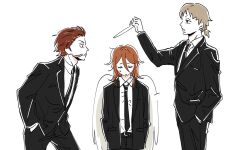  3boys absurdres angel_devil_(chainsaw_man) angel_wings belt black_belt black_jacket black_necktie black_pants chainsaw_man closed_eyes closed_mouth commentary_request division_2_lieutenant_(chainsaw_man) dress_shirt face_piercing hair_between_eyes halo hand_in_pocket height_difference highres holding_halo jacket korean_commentary long_hair male_focus multiple_boys necktie neededneet nomo_(chainsaw_man) pants piercing scar scar_on_face shirt shirt_tucked_in short_hair simple_background suit white_background white_shirt wings 