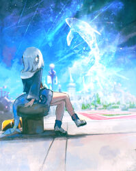  1girl absurdres advarcher blue_hair blue_hoodie blue_streaks commentary english_commentary fins fish_tail gawr_gura gawr_gura_(1st_costume) grey_hair hair_ornament highres hololive hololive_dreams hololive_english hood hoodie in-universe_location lamppost long_sleeves multicolored_hair outdoors shark_fin shark_girl shark_tail shoes sitting sky solo streaked_hair tail virtual_youtuber whale 