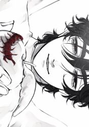  1boy alien_stage apple bug centipede commentary fang food fruit half-closed_eyes highres holding holding_food holding_fruit ivan_(alien_stage) male_focus parted_lips red_pupils short_hair sideways solo spot_color thick_eyebrows wings z_(user_asha7224) 