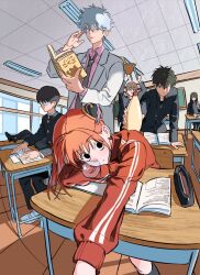  1girl 6+boys black_eyes black_jacket black_necktie book bun_cover ceiling chair desk dmsqhrdl floor gakuran gintama glasses grey_jacket head_rest highres hijikata_toushirou holding_chair indoors jacket kagura_(gintama) katsura_kotarou lapels mayonnaise_bottle multiple_boys necktie nose_bubble notched_lapels okita_sougo open_book pink_shirt red_hair red_jacket sakata_gintoki school_chair school_desk school_uniform shimura_shinpachi shirt sleeping sleeping_with_eyes_open teacher track_jacket 