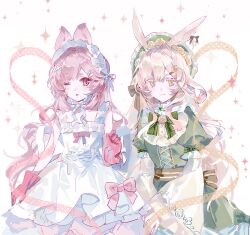  2girls alternate_costume animal_ears arknights bare_shoulders blonde_hair bow chinese_commentary closed_mouth commentary_request dress dress_bow frilled_dress frills gloves green_dress green_ribbon hair_ornament hairband highres jacinta_(arknights) lamia_oh lolita_fashion lolita_hairband long_hair long_sleeves looking_at_viewer multiple_girls neck_ribbon one_eye_closed pink_bow pink_eyes pink_gloves pink_hair puffy_sleeves rabbit_ears rabbit_girl ribbon sleeveless sleeveless_dress smile sparkle thumpy_(arknights) white_background white_dress white_hairband white_ribbon x_hair_ornament yellow_eyes 