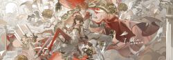 1boy 1girl 3others angel arrow_(projectile) asymmetrical_legwear bird bow_(weapon) brown_hair cape character_request copyright_request cupid dress frilled_dress frills halo hat highres hourglass long_hair mimi_(nuicola) mismatched_legwear multiple_others red_cape short_hair sitting weapon 