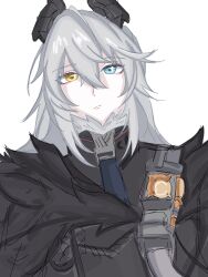  1girl black_coat black_horns blue_eyes closed_mouth coat fur-trimmed_coat fur_trim grey_hair hair_between_eyes heterochromia highres horns long_hair long_horns looking_at_viewer sasa_mimin simple_background solo star-shaped_pupils star_(symbol) sunbringer_(original)_(zenless_zone_zero) symbol-shaped_pupils upper_body white_background yellow_eyes zenless_zone_zero 