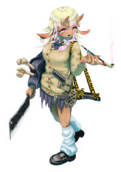  1girl absurdres animal_ears animal_print blue_nails bone cleaver collared_shirt commentary face_piercing full_body ganguro gyaru highres holding holding_cleaver horns leopard_print lip_piercing nojob_hiro original piercing plaid_clothes plaid_skirt shirt simple_background skirt smoke smoke_trail smoking_pipe solo sword weapon white_background 