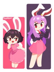  2girls :/ :3 absurdres animal_ear_piercing animal_ears black_hair black_jacket blazer blush carrot carrot_necklace chibi chibi_only closed_mouth collared_shirt commentary derbruhniko dress english_commentary full_body hand_up highres imperishable_night inaba_tewi jacket jewelry laughing long_hair multiple_girls necklace necktie no_shoes ojou-sama_pose open_mouth pink_dress pink_hair pink_skirt pointing pointing_up puffy_short_sleeves puffy_sleeves rabbit_ears rabbit_girl rabbit_tail red_eyes red_necktie reisen_udongein_inaba ribbon-trimmed_dress ribbon_trim shirt short_hair short_sleeves simple_background skirt smug tail touhou v-shaped_eyebrows very_long_hair white_shirt 