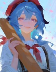 1girl absurdres baguette beret blue_hair bread brush_stroke food ganyu_(genshin_impact) genshin_impact hat highres horns looking_at_viewer no_lineart nyte_tyde painterly ribbon shirt sidelocks smile suspenders violet_eyes white_shirt 