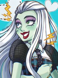  1girl artist_name black_hair black_necktie colored_skin dress eyeshadow fishnet_sleeves fishnets frankie_stein green_eyes green_skin grin heart heterochromia highres long_hair looking_to_the_side makeup monster_high monster_high_(g1) naid_maru necktie polka_dot_necktie purple_eyeshadow red_lips short_sleeves smile solo two-tone_necktie upper_body white_necktie 