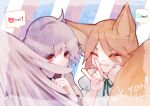 2girls :3 ahoge bangs closed_eyes covered_mouth english_text eyes_visible_through_hair fox_shadow_puppet hand_up heart kishin_sagume kudamaki_tsukasa late_(late327) looking_at_viewer multiple_girls simple_background speech_bubble spoken_blush spoken_heart tail touhou upper_body