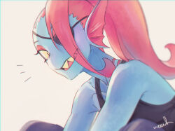  1girl 2d anthro black_eyepatch black_tank_top blue_skin colored_sclera colored_skin colored_teeth digital_media ear_fins eyepatch female female_only fins fish fish_girl gills head_fins highres long_hair monster monster_girl noah_(tettsui-sole) pink_hair ponytail red_hair sharp_teeth signature slit_pupils solo tank_top teeth undertale undyne utdr_(toby_fox) white_background yellow_sclera yellow_teeth 