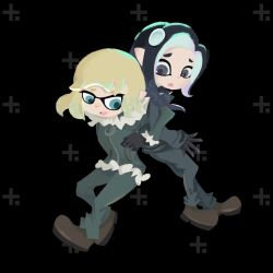  2girls back-to-back black_background black_eyes black_gloves black_hair blonde_hair chito_(shoujo_shuumatsu_ryokou) coat commentary english_commentary full_body fur-trimmed_coat fur_trim gloves green_coat green_pants highres inkling locked_arms multiple_girls mushroomsucy octoling open_mouth pants shoujo_shuumatsu_ryokou splatoon_(series) splatoonification tentacle_hair yuuri_(shoujo_shuumatsu_ryokou) 