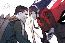  >:( 1boy 1girl acronym alex_(megami_tensei) black_bodysuit black_hair bodysuit clash commentary copyright_logo english_commentary floating_hair from_side green_bodysuit highres jacket logo long_hair looking_at_another military_uniform muscular muscular_male philipposole red_jacket shin_megami_tensei shin_megami_tensei:_strange_journey short_hair sketch sword_clash tadano_hitonari v-shaped_eyebrows white_background 