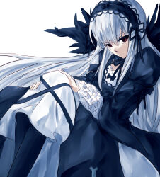  1girl absurdres black_wings blue_boots blue_dress boots commentary dress empty_eyes english_commentary expressionless feathered_wings feet_out_of_frame frilled_sleeves frills gothic_lolita highres juliet_sleeves knees lolita_fashion long_hair long_sleeves looking_at_viewer puffy_sleeves red_eyes rozen_maiden sidelocks simple_background solo suigintou two-tone_dress user_dctw3352 very_long_hair white_background white_dress white_hair wings 