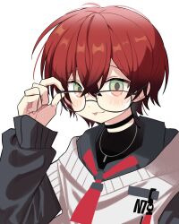  1boy absurdres adjusting_eyewear bespectacled bishounen black_choker choker glasses green_eyes highres holostars holostars_english jewelry kitt0_o looking_at_viewer machina_x_flayon male_focus multicolored_eyes necklace orange_eyes red_hair short_hair simple_background solo tongue tongue_out upper_body virtual_youtuber white_background 