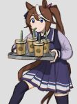  1girl animal_ears blue_eyes brown_hair cup disposable_cup drinking drinking_straw feet_out_of_frame grey_background highres holding holding_tray horse_ears horse_girl horse_tail long_hair long_sleeves looking_at_viewer mado_(71221497o) multicolored_hair ponytail purple_skirt purple_thighhighs sailor_collar school_uniform simple_background skirt solo streaked_hair tail thigh-highs tokai_teio_(umamusume) tracen_school_uniform tray umamusume walking 