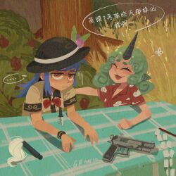  2girls :3 ^_^ absurdres artist_name blue_hair bow bowtie brown_hat chinese_commentary chinese_text closed_eyes closed_mouth cloud_print commentary_request curly_hair fruit_hat_ornament gohei green_hair grmarsa gun handgun hat hat_ornament highres hinanawi_tenshi horns kariyushi_shirt knife komainu_girl komano_aunn leaf_hat_ornament long_hair multiple_girls open_mouth peach_hat_ornament planted planted_knife red_bow red_bowtie red_eyes red_shirt shirt single_horn smile speech_bubble sweatdrop sword_of_hisou table touhou translation_request weapon yellow_shirt 