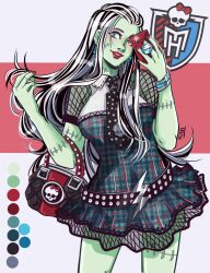  1girl bag black_hair black_necktie blue_eyes bracelet cellphone collared_dress color_guide colored_skin dress fishnet_sleeves fishnets frankie_stein green_eyes green_skin handbag heterochromia highres holding holding_phone jewelry logo long_hair looking_at_viewer lostcaverna monster_high monster_high_(g1) multicolored_hair necktie phone plaid_clothes plaid_dress polka_dot_necktie red_nails short_sleeves sleeveless sleeveless_dress smartphone solo stitched_arm stitched_face stitched_leg stitched_neck stitches two-tone_hair two-tone_necktie white_hair white_necktie 