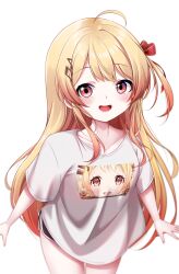  1girl absurdres ahoge alternate_costume blonde_hair breasts casual collarbone hair_between_eyes hair_ornament highres hololive hololive_dev_is jan_azure looking_at_viewer open_mouth otonose_kanade red_eyes shirt shorts simple_background small_breasts virtual_youtuber white_background 