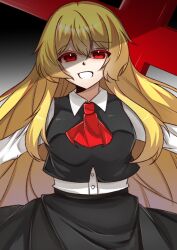 1girl aged_up alternate_breast_size_(larger) alternate_hair_length_(longer) ascot black_skirt black_vest blonde_hair breasts collared_shirt commentary_request cross ex-rumia large_breasts long_hair looking_at_viewer one-hour_drawing_challenge open_mouth oroka_(e7zg5) outstretched_arms red_ascot red_eyes rumia shirt skirt skirt_set smile solo spread_arms touhou very_long_hair vest white_shirt 