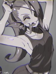  1girl 2d absurdres anthro armpits artist_name bilingual_commentary black_eyepatch blush breasts closed_eyes collarbone commentary digital_media ear_fins english_commentary eyepatch female female_only fins fish fish_girl gills greyscale head_fins highres long_hair mixed-language_commentary monochrome monster monster_girl noah_(tettsui-sole) ponytail red_hair sharp_teeth solo tank_top teeth tongue tongue_out undertale undyne utdr_(toby_fox) 