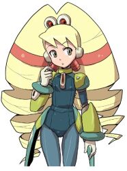  1girl armor bad_id blonde_hair bodysuit cosplay drill_hair green_armor green_eyes heriyama long_hair looking_to_the_side luna_platz_(mega_man) mega_man_(series) mega_man_star_force_(series) mega_man_x_(series) pallette_(mega_man) pallette_(mega_man)_(cosplay) parted_lips simple_background twin_drills very_long_hair white_background 