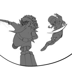  1boy 1girl a_hat_in_time afro attack_trail bad_id bad_twitter_id beak belt belt_buckle bird boots boss_fight buckle commentary commission curly_hair dj_grooves duel english_commentary from_below greyscale hat hat_kid hat_ribbon holding holding_knife jacket knife ko-fi_commission kudo_nguyen long_sleeves medium_hair monochrome motion_lines open_clothes open_jacket pants penguin ponytail ribbon sidelocks standing standing_on_one_leg star-shaped_eyewear star_(symbol) sunglasses swinging_weapon teeth top_hat white_background 
