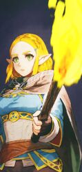  1girl black_background black_gloves blonde_hair blue_shirt braid breasts brown_pants cloak commentary crown_braid expressionless eyelashes fingerless_gloves fire gloves green_cloak green_eyes hair_ornament hairclip hand_up highres holding holding_torch jun_(navigavi) lips long_sleeves looking_to_the_side making-of_available medium_breasts nose nose_shade orange_sash pants parted_lips pointy_ears princess_zelda shirt short_hair sidelocks simple_background solo standing taut_clothes teeth the_legend_of_zelda the_legend_of_zelda:_tears_of_the_kingdom thick_eyebrows torch triforce upper_body upper_teeth_only 