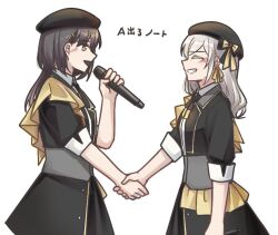  2girls a_deru_note beret black_hat black_jacket blush ceras_yanagida_lilienfeld collared_shirt commentary_request edel_note grey_hair grin hair_ornament hair_ribbon handshake hat jacket jellyfish_cut katsuragi_izumi long_hair looking_at_another love_live! love_live!_hasu_no_sora_jogakuin_school_idol_club multiple_girls open_clothes open_jacket open_mouth orange_eyes potatopenggu profile ribbon shirt sideways_mouth simple_background smile song_name theater_ikizama triangle_hair_ornament white_background white_shirt yellow_ribbon 