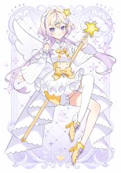  1girl :3 bare_shoulders blonde_hair blue_eyes blush bow bowtie closed_mouth commentary_request croix_(croixtw) dot_nose double-parted_bangs dress full_body hair_between_eyes hair_intakes high_heels highres holding holding_wand long_hair looking_at_viewer low_twintails multicolored_hair nijisanji purin_lala_mode purple_streaks shoes single_thighhigh sleeveless sleeveless_dress smile solo streaked_hair thigh-highs twintails virtual_youtuber wand white_dress white_thighhighs wings yellow_bow yellow_bowtie yellow_shoes 