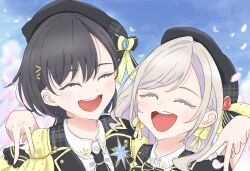  2girls 6th_live_dream_~bloom_garden_party~ :d ^_^ a_deru_note black_hair black_hat black_necktie blue_sky blush ceras_yanagida_lilienfeld cherry_blossoms closed_eyes collared_shirt commentary_request edel_note falling_petals hair_ornament hat highres katsuragi_izumi kubo_(arachi_ll) love_live! love_live!_hasu_no_sora_jogakuin_school_idol_club multiple_girls necktie open_mouth outdoors petals pink_petals shirt sky smile tearing_up theater_ikizama triangle_hair_ornament virtual_youtuber white_shirt 