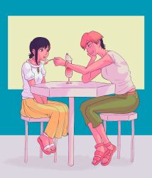  2girls absurdres alternate_costume asymmetrical_hair black_eyes black_hair bracelet brown_hair chainsaw_man chair choker commentary cross-laced_sandals division_4_female_member earrings elbow_rest english_commentary feeding food glezdoodl green_pants hair_ornament hand_on_own_face higashiyama_kobeni highres holding holding_spoon ice_cream ice_cream_float jewelry looking_at_another low_ponytail mole mole_on_cheek mole_under_eye multiple_girls multiple_moles on_chair open_mouth pants pink_choker pink_sandals ponytail sandals shirt short_hair short_ponytail short_side_ponytail short_sleeves side_ponytail sitting skirt spoon stud_earrings sweater table v_arms very_short_hair white_shirt white_sweater yellow_skirt yuri 