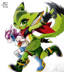  2girls animal_ears aoguma_(jtpa4525) black_gloves black_nose black_tank_top blue_boots boots carol_tea cat_ears cat_girl cat_tail chinese_knot dragon_girl earphones fingerless_gloves freedom_planet freedom_planet_2 furry furry_female gloves green_eyes green_fur green_shorts highres long_hair marker_(medium) multiple_girls one_eye_closed purple_hair red_scarf running sash_lilac scarf shorts striped_fur tail tank_top traditional_media twintails violet_eyes white_background 