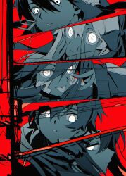  2boys 3girls amamiya_hibiya ene_(kagerou_project) hair_between_eyes hands_on_own_face highres kagerou_project kozakura_marry long_hair looking_at_viewer multiple_boys multiple_girls parted_lips red_background seto_kousuke short_hair tateyama_ayano tongue tongue_out wannyanpu 