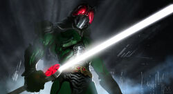  1boy absurdres antennae armor belt bug chinese_commentary commentary_request compound_eyes cowboy_shot cyborg energy_sword gloves glowing glowing_eyes highres holding holding_sword holding_weapon kamen_rider kamen_rider_black_rx kamen_rider_black_rx_(series) kingstone male_focus manhuajiazhishen red_eyes redesign revolcane rider_belt signature solo standing sunriser_(kamen_rider) sword tokusatsu weapon 