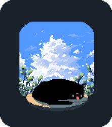  animal black_cat blue_sky bud cat closed_eyes clouds cloudy_sky day decomposedmaw grass leaf nature no_humans open_mouth original outdoors pixel_art plant pollen scenery sky sky_focus sleeping sleeping_animal snoring summer whiskers 