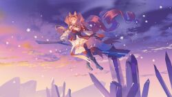  1girl absurdres angelina_(arknights) angelina_the_mellow_wish_(arknights) animal_ear_fluff animal_ears arknights black_boots black_collar black_gloves black_hairband black_thighhighs boots brown_hair chinese_commentary clouds collar commentary_request crystal detached_sleeves dress floating_hair flying fox_ears fox_girl full_body gloves hair_between_eyes hairband highres infection_monitor_(arknights) long_hair long_sleeves looking_to_the_side lumos_(lumos164) pleated_dress purple_sky sitting sky smile solo staff_riding star_(symbol) thigh-highs twintails very_long_hair white_dress 