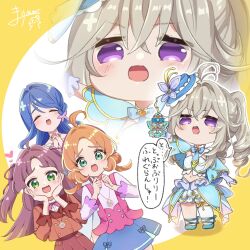  4girls aged_down akechi_anna antenna_hair aqua_eyes blue_bow blue_bowtie blue_capelet blue_hair blue_hat blue_shoes blue_skirt blue_thighhighs blue_tube_top boater_hat bottle bow bowtie bridal_gauntlets butterfly_hat_ornament capelet child closed_eyes commentary_request cosplay cure_eclair cure_eclair_(cosplay) green_eyes grey_hair hair_intakes hands_on_own_cheeks hands_on_own_face hat hat_ornament highres howa_kurea kobayashi_mikuru long_hair marimari2793 medium_hair meitantei_precure! midriff moria_luluka multiple_girls navel open_mouth orange_hair perfume_bottle precure purple_bridal_gauntlets purple_hair shoes single_thighhigh skirt smile speech_bubble split_ponytail strapless thigh-highs tilted_headwear top_of_lily_fragrance translation_request tube_top two_side_up violet_eyes 