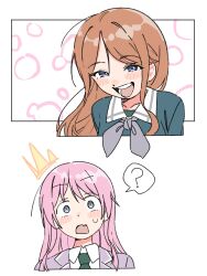  2girls ? absurdres bang_dream! bang_dream!_it's_mygo!!!!! blue_eyes blue_shirt blush breasts chihaya_anon collared_shirt fang grey_eyes grey_jacket grey_neckerchief haneoka_school_uniform highres jacket long_hair multiple_girls nagasaki_soyo neckerchief open_mouth out_of_character ow1804 pink_hair school_uniform shirt spoken_question_mark tsukinomori_school_uniform white_shirt 
