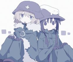  2girls absurdres black_eyes black_gloves chito_(shoujo_shuumatsu_ryokou) closed_mouth coat commentary fur-trimmed_coat fur_trim gloves green_coat green_pants hair_between_eyes hands_on_own_knees highres looking_at_viewer multiple_girls no_nose nuko_(shoujo_shuumatsu_ryokou) open_mouth pants pixiv115453056 shoujo_shuumatsu_ryokou sidelocks sitting yuuri_(shoujo_shuumatsu_ryokou) 