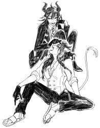  2boys animal_ears blazer braid buttons collarbone collared_shirt commentary_request diagonal-striped_clothes diagonal-striped_necktie double-breasted eclectic elbow_on_knee fangs full_body gloves hair_between_eyes hand_on_own_face horns invisible_chair jacket knees_up leona_kingscholar lion_boy lion_ears lion_tail long_hair looking_at_another looking_up male_focus malleus_draconia multiple_boys narrowed_eyes necktie night_raven_college_school_uniform open_clothes open_jacket open_mouth outer_glow pants pointy_ears poking profile protected_link raised_eyebrows sandals scar scar_across_eye scar_on_face school_uniform shirt simple_background sitting sketch sleeves_rolled_up smile spread_legs striped_clothes striped_necktie tail toenails twisted_wonderland vest waistcoat white_background 