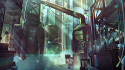  2girls black_hair blonde_hair chito_(shoujo_shuumatsu_ryokou) chromatic_aberration coat commentary_request fur-trimmed_coat fur_trim green_coat highres hood hood_down long_sleeves looking_ahead multiple_girls neur nuko_(shoujo_shuumatsu_ryokou) outdoors scenery shoujo_shuumatsu_ryokou smoke wide_shot yuuri_(shoujo_shuumatsu_ryokou) 