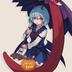  1girl blue_eyes blue_hair blue_skirt blue_vest candy candy_cane chunjiu commentary demon_horns demon_wings food halloween halloween_bucket halloween_costume heterochromia highres holding holding_umbrella horns karakasa_obake long_sleeves purple_umbrella red_eyes shirt skirt solo tatara_kogasa tongue tongue_out touhou umbrella vest white_shirt wings 