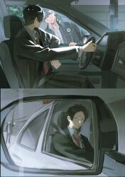  2boys adachi_tooru black_hair black_jacket black_pants car_interior car_seat commentary dress_shirt driving enpitsu8xp grey_hair highres jacket multiple_boys narukami_yu necktie pants persona persona_4 rear-view_mirror red_necktie seatbelt shirt short_hair sitting steering_wheel untranslatable_commentary white_shirt 