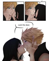  1boy 1girl ^^^ absurdres artist_logo artist_name azezazel bare_shoulders black_hair blonde_hair blue_eyes blush cloud_strife commentary couple earrings english_commentary english_text final_fantasy final_fantasy_vii final_fantasy_vii:_advent_children from_side hand_on_another's_cheek hand_on_another's_face hands_on_another's_cheeks hands_on_another's_face hetero highres jewelry kiss lips logo long_hair looking_at_another parted_lips pink_lips profile red_eyes shirt short_hair sleeveless sleeveless_shirt speech_bubble spiky_hair surprise_kiss surprised tifa_lockhart twitter_username upper_body 